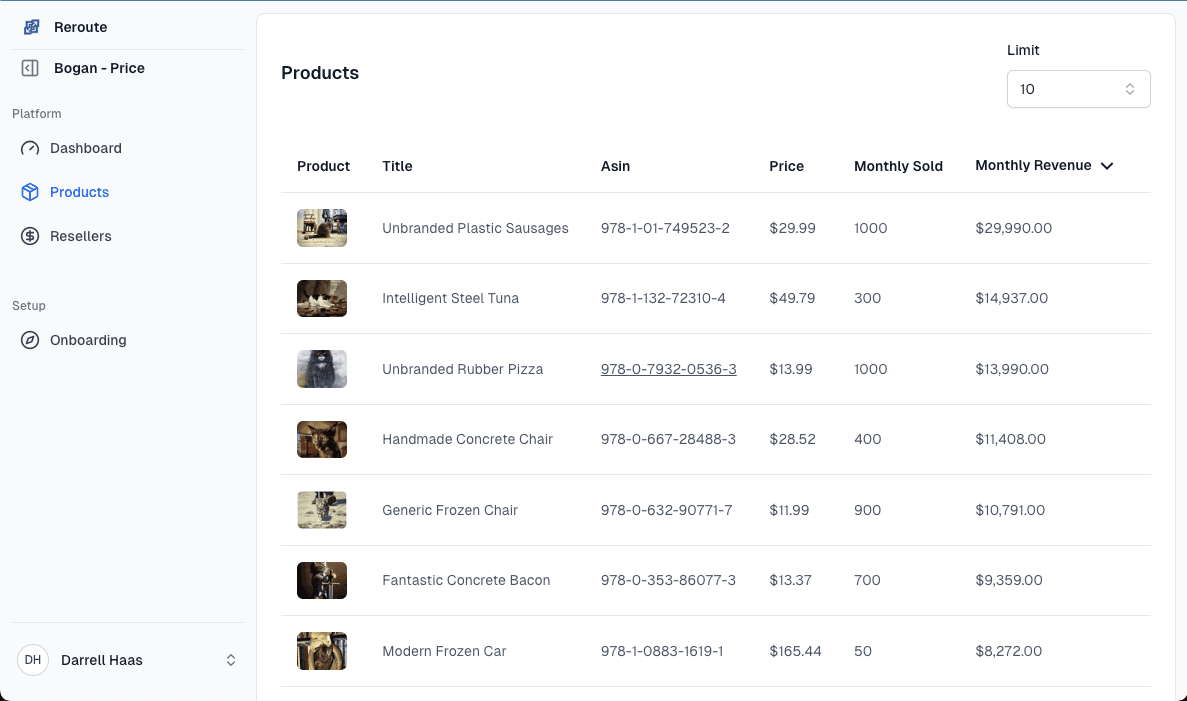 A preview of the Reroute dashboard